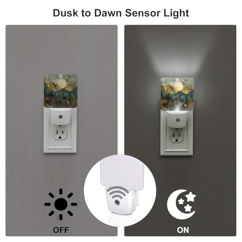 Image of Mountain Sun Trees Landscape LED Plug-in Night Lamp 2 Piece Set, Auto Sensor Emergency Painting Colorful Nightlights Set of 2 for Dawn Bedroom Bathroom Night