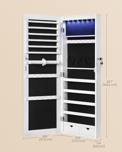 Image of SONGMICS HOME Mirror Jewelry Cabinet, Lockable Hanging Jewelry Organizer with Full-Length Mirror, Door or Wall Mounted Storage Cabinet, Interior LED Lights, White