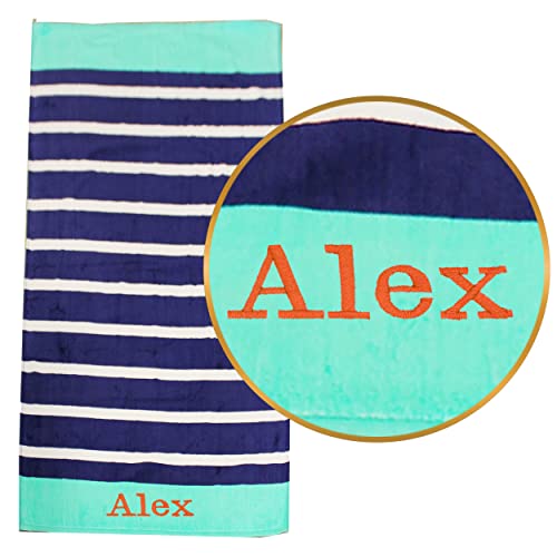 My Personal Memories Personalized Beach Towels, Monogrammed Gifts for Kids, Her, Him, Custom Embroidered Towel with Name (Navy and Teal)