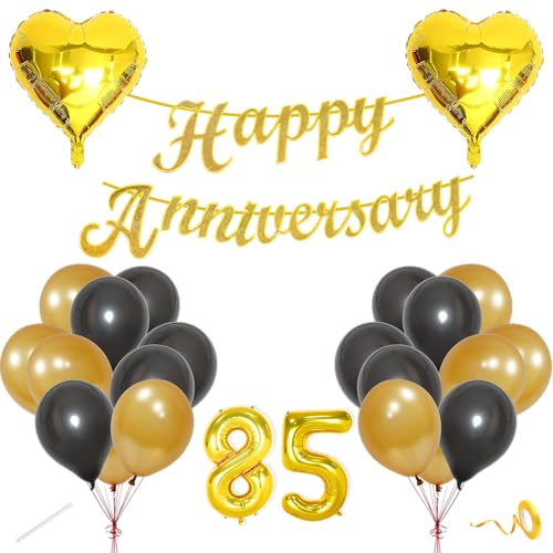 Image of Flyloons 85th Happy Anniversary Decoration Items Gold Black for Men Women Husband Wife Mom Dad Couple Home Bedroom Car With 20 Pcs Metallic Balloons Anniversary Banner 2 Pcs Heart Set Kit Golden