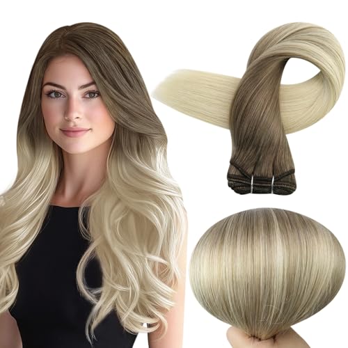 Image of Full Shine Weft Hair Extensions Human Hair 12 Inch 70G Balayage Hair Weft | Ash Brown To Platinum Blonde, Remy Straight Hair Weft, Sew In Extensions, Daily Wear For Women, add volume
