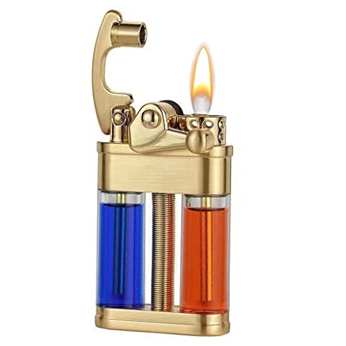 Kerosin Windschutz Vintage Feuerzeuge, doppelter transparenter Kraftstofftank Metall Klassiker Retro Schleifwellschieber hellere, sichtbare Gasfenster Weiche Flamme Zigarre Hellere Geburtstagsgeschenk Cover