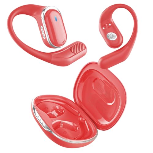 TRAUSI Open Ear Wireless Earbuds Bluetooth Headphones, 80H Playtime Stereo Ear Buds with ENC Noise Cancelling, Fast Charging, IPX7 Waterproof Sports Earphones with Earhook for Running/Workouts (Red)