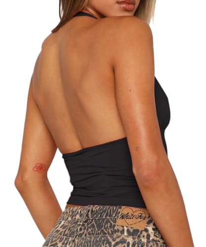 YFANG Women's Sexy Halter Deep V Neck Crop Tank Top Stretchy Sleeveless Double Lined Slim Fit Going Out Tank Top2