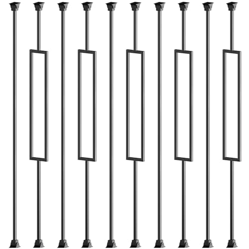 Sidasu 10 Pack 1/2" Square Iron Balusters, 44" Hollow Metal Stair Spindles with Swivel Shoes, Black Powder-Coated Staircase Balusters for Interior Stair Remodel, Modern Rectangular Design