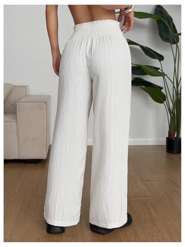 Women's Smocked Wide Leg Lounge Pants Ruffle Trim High Waisted Baggy Palazzo Pants Trousers3