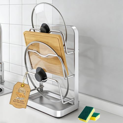 Estante de almacenamiento para tapas de ollas, organizador de acero inoxidable con bandeja de goteo extraíble, diseño que ahorra espacio para tapas y cucharas de cocina