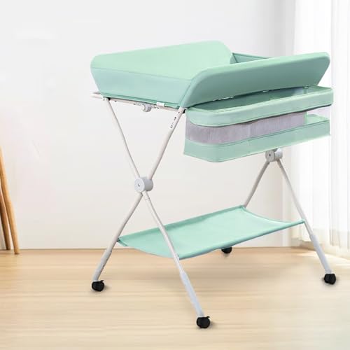 オムツ交換台 オムツ換えテーブル 折り畳み可能 高さ調節可能 キャスター付き 収納付き お手入れ簡単 ベビーケア 保育園 出産ギフト (グリーン)