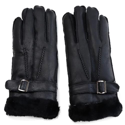 Woolous Winter Mens Sheepskin Gloves, Shearling Lining Thermal Men Gloves with Adjustable Cuff, Super Warm Black Mittens for Cold Weather, Outdoor
