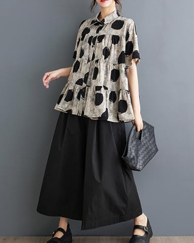 ellazhu Women's Short Sleeves Polka Dot Floral Print Casual Button Down T-Shirt GZ1673