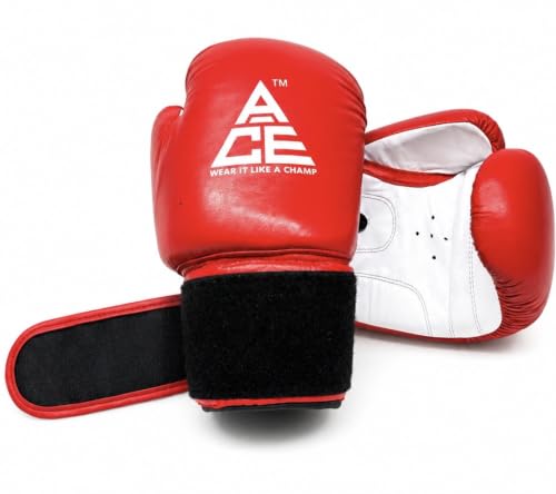 Image of ACE Genuine Leather Boxing Gloves | Adult Training Gloves for Sparring | Shock Absorbing Padding | Secure Wrist Strap | Punching Bag Workout | Red | 8 oz
