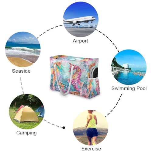 Image of Beach Tote Bags for Women, Turtle Flower Starfish Large Beach Shoulder Bag Pool Bags Purse