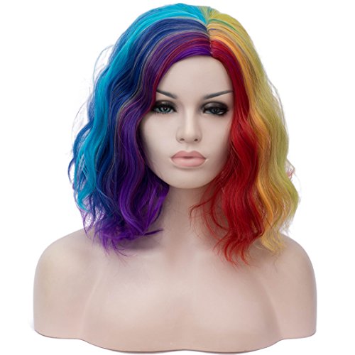 BUFASHION 14" Women Short Multi-colored Kinky Straight Cosplay Synthetic Wigs With Air Bangs 46 Colors Available (Multi-colored)