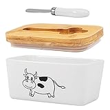 Amplia Aplicación: el soporte de mantequilla de porcelana no solo para mantequilla, sino que es perfecto para pasteles, galletas y puede ser un tarro de sal, azúcar, especias o condimentos, un excelente recipiente para el almacenamiento en la cocina. La tapa se puede utilizar como tabla para cortar mantequilla. Y también viene con un cuchillo de mantequilla adicional que se mantiene en la ranura en la parte superior de la tapa.