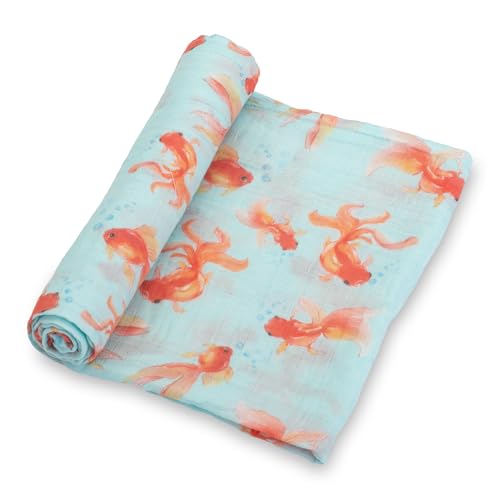 Image of LollyBanks Baby Swaddle Blanket for Boys and Girls, 100% Cotton Muslin Blankets, Soft and Lightweight 47 x 47 Inches Swaddles for Newborns, Gentle Baby Blankets, Infant Essentials (Goldfish Print)