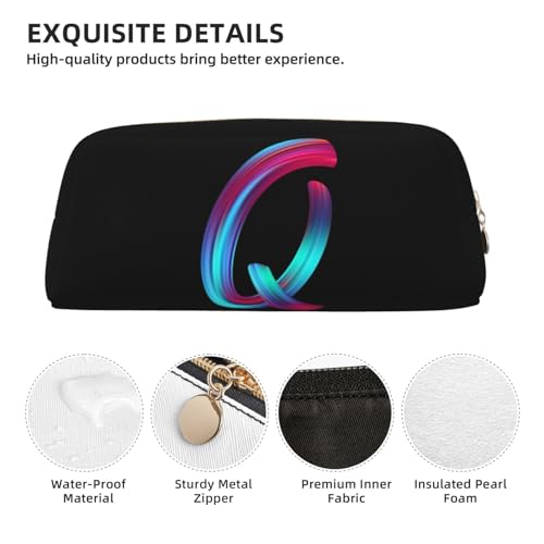 Image of Cute Initial Pencil Case for Kids Simple Leather Pencil Pouch for Boys Girls Letter Design Pencil Box Pen Bag Pencil Pouch Office Stationery Organizer, Rainbow Letter Q