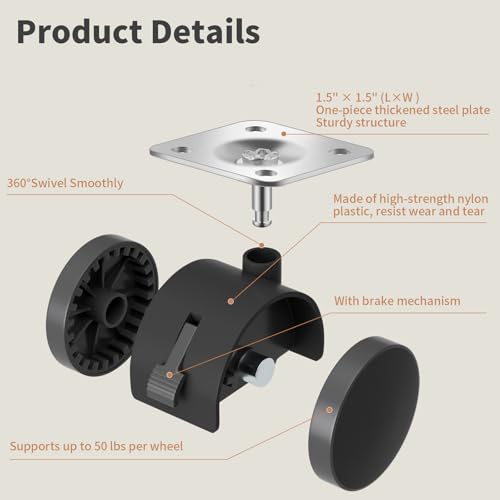 1.5" Small Nylon Plastic Plate Caster Wheels with Brake, Swivel Furniture Wheels, 50 lbs Load Capacity per Wheel, 4 Pcs