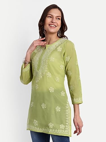 Image of Ada Hand Embroidered Lucknow Chikankari Straight Round Neck Cotton Blend Short Kurti Tunic Top for Women A911333