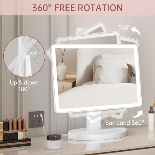 FUNTOUCH Large Lighted Vanity Makeup Mirror with light (X-Large Model)- 3 Color Lighting with 88 LED, 360° Rotation Touch Screen, 10X Magnification Portable Tabletop Cosmetic Make Up Mirrors