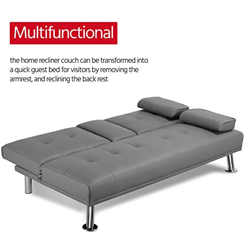 Yaheetech Modern Faux Leather Futon Set Convertible Recliner Sleeper Fold Up & Down Loveseat Reversible Daybed Guest Bed, 3 Angles Adjustable, 2 Cup-Holders, Up To 772 Lbs, Gray #TOP5