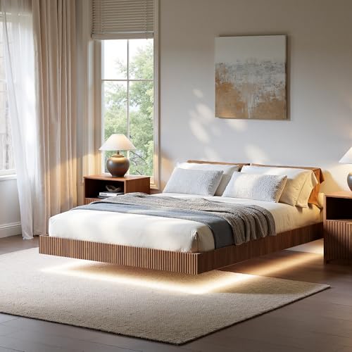 Image of Evermagin Walnut Queen Floating Bed Frame with led Lights, Fluted Platform Bed No Headboard, Heavy Duty Mid Century Modern Float Metal Bedframe, No Box Spring Needed (Walnut, Queen-10in high)