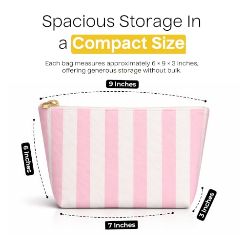 Aspen Lane Preppy Stripe & Crinkle Makeup Bag Set, Generous Capacity Cosmetic Travel Bag For Women, Water Resistant Material, Matching Set Of 5, 6 x 9 x 3 Inches (Pink and White) by Aspen Lane - Used condition - Image 5
