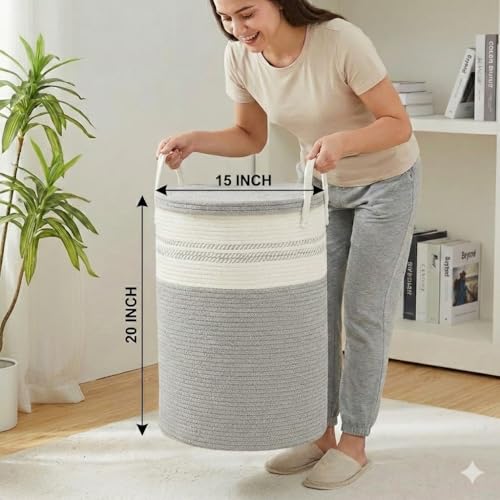 Image of Basket with Lid, 15 inch x 20 inch Woven Storage Basket for Blankets, Toys, Pillows, Towels, Living Room Bedroom Storage Bin, Round Rope Basket with Lid, Wicker Baskets for Organizing (BG3)