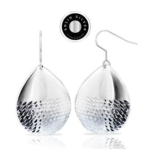 Solidsilver - Sterling Silver Teardrop Diamond-Cut Bottom Design Dangle Hook Earrings #TOP3