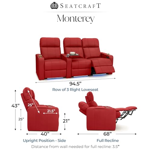 Image of Seatcraft Monterey Home Theater Seating Red Row of 3 Right Loveseat | Italian Leather, Wall Hugger, Zero Gravity, Powered Headrest, Power Recline, Zero Gap, USB charging
