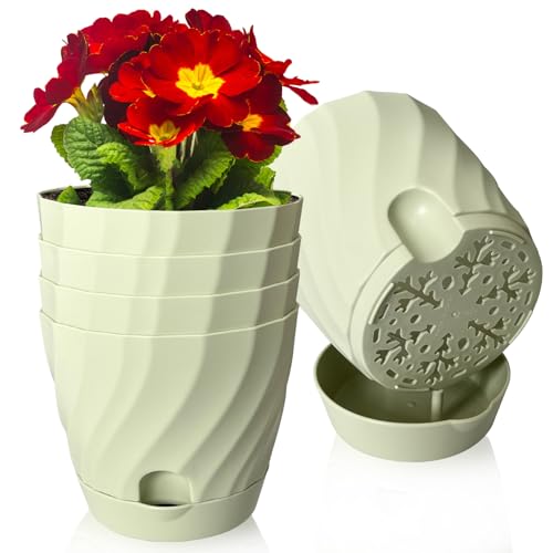 Sibosen 16cm Kunststoff Blumentopf mit Untersetzer, 5er-Set Plastik Übertopf Kräutertopf mit Mehrere Ablauflöchern, Rund Pflanzkübel für Innen und Balkon Sukkulenten Kaktus,Hellgrün