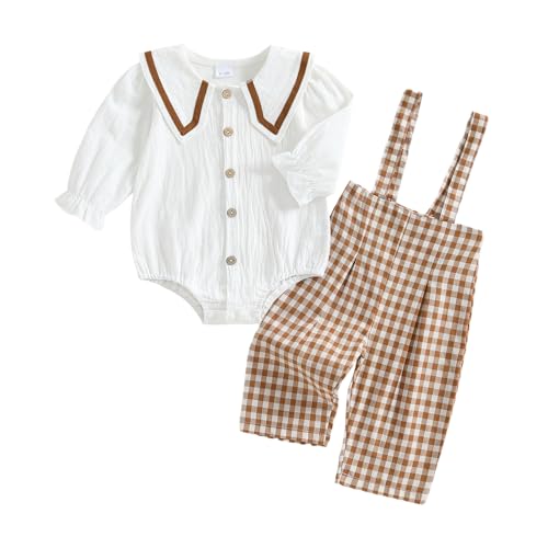 Newborn Baby Girl Clothes Button Linen Button Long Sleeve Romper Plaid Overall Pants Fall Winter Baby Girl Outfit