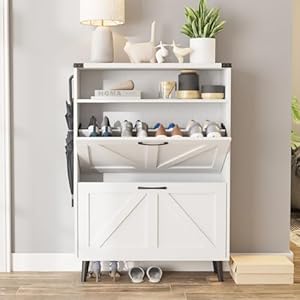 Shoe Cabinet with 2 Flip DrawersShoe Storage Cabinet for EntrywayFreestanding Shoe Cabinet Organizer with Open StorageNarrow Farmhouse Shoe Rack with LegsWhite