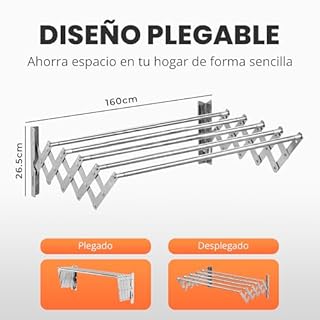 JUPPLIES Étendoir Mural Rétractable 160 cm – Séchoir à Linge Pliable pour Intérieur et Extérieur – 5 Barres INOX Résistantes, Installation Facile et Pinces Incluses