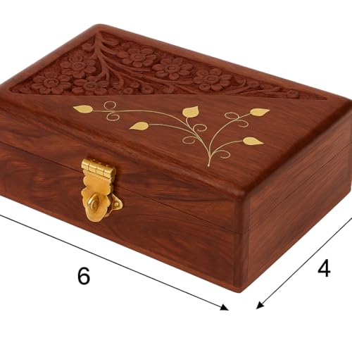 Image of Craft Expertise Wooden Jewelry Box with Brass Engraving Design | Handmade Wooden Jewellery Organizer Box for Rings, Earrings & Necklace Storage | Decorative Box for Women & Gift | 6 x 4 x 2.25 Inches