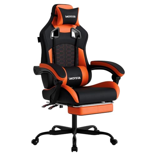 WOTSTA Gaming Chair with Massage,Ergonomic PC Gaming Chair with Footrest Comfortable Headrest and Lumbar Support,High Back Game Chair PVC Leather,300LBS (Black&Orange)