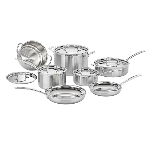 Cuisinart 12-Piece Cookware Set, MultiClad Pro Triple Ply Stainless Steel Cookware Set, Heat Surround Technology, Cool Grip Stick Handles, Oven Safe Up to 500°F, MCPS-12N, Silver