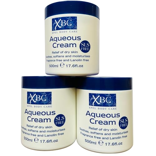 PACK OF 3 X 500ml SLS FREE AQUEOUS CREAM Emollient LARGE TUB [ Relief of Dry Skin ] Soothes Softens and Moisturises (FREE FROM FRAGRANCE SLS PAREBEN COLOUR Dry Skin Moisturiser Cream)