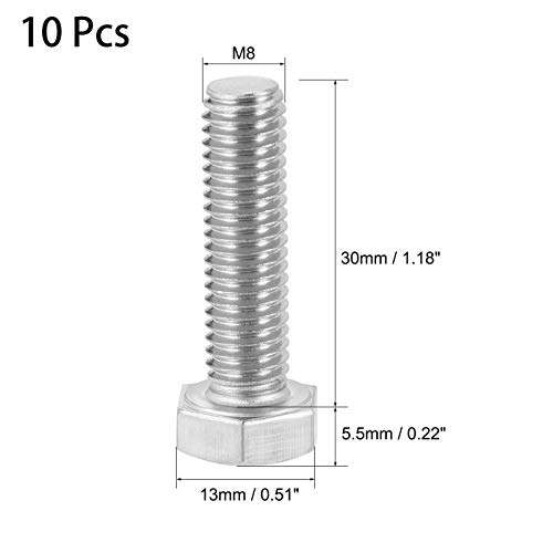 Image of 10 Pcs M8 Hex Bolt M8-1.25 x 30mm UNC Hex Head Screw Bolts A2-70(304) Stainless Steel Fully Threaded Hex Tap Bolts,Plain Finish,Fully Threaded (M8 x 30mm)
