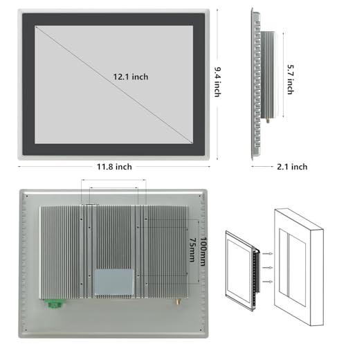 Image of 12.1 inch Industrial Embedded Touchscreen Monitor, Capacitive Multi-Touch Screen Industrial Front IP65 Monitor Built-in Speakers, HD-MI in, USB, VGA, 16:10 1024x768 Display