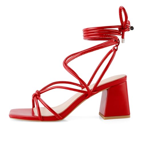 Image of Shoe'N Tale Lace Up Heels for Women Ankle Strappy Gladiator High Heeled Sandals Chunky Block Heel Square Open Toe Criss Cross Dress Shoes