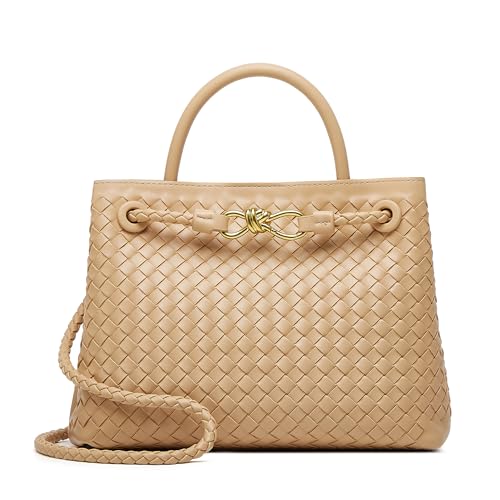 Woven Bag for Women Crossbody Handbag: Vegan Leather Small Tote Purse - Trendy Shoulder Handbags and Purses - Bowknot Satchel Purses (Apricot)