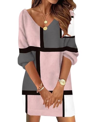 Minetom Pulloverkleid Damen V-Ausschnitt Spitze Strickkleid Langarm Pullover Tunika Kleid Für Herbst Winter Weihnachts Pulli B3 Rosa L