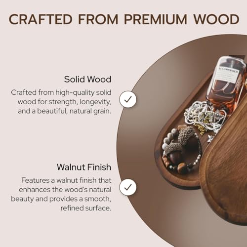 Image of Set of 2 pc Oval Wooden Serving Trays - Decorative Walnut Finish Food Platter L x W x H = 10 x 5 x 0.5 inch