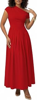 Women's Cocktail Party Dress One Shoulder Asymmetrical Ruched High Waist Pleated Flowy Maxi Formal Gown Red M