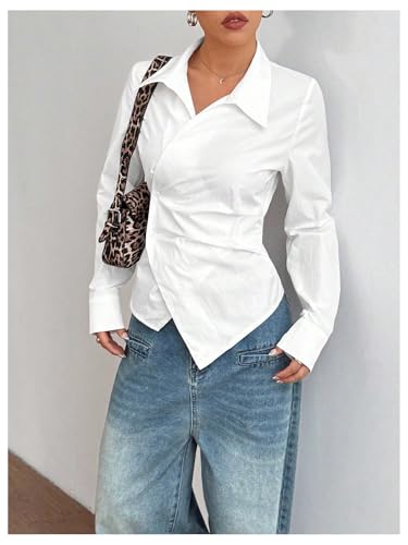 GORGLITTER Women's Wrap Asymmetrical Hem Button Up Shirt Long Sleeve Collared Blouse Tops3