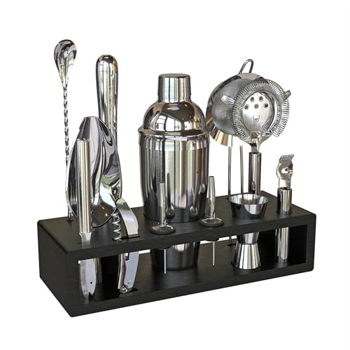 Image of Highball & Chaser 13-Piece Cobbler Cocktail Shaker Set: Black Polished Stainless Steel Bartender Kit for Home Bar Set | Laser Engraved Tools Plus E-Book with 30 Recipes (Silver)