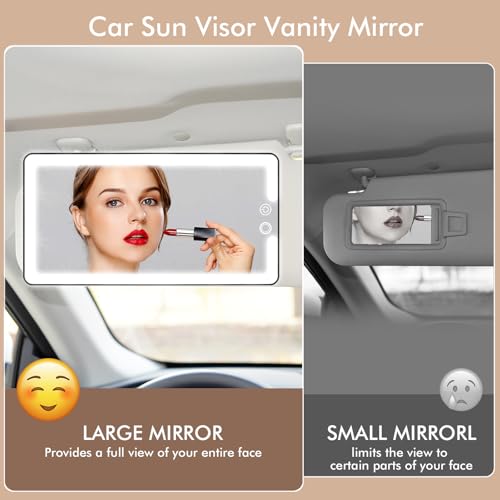 Image of Car Sun Visor Vanity Mirror with Lights, Rechargeable LED Car Visor Makeup Mirror with 3 Color Dimmable Lights - Universal Accessories for Cars, SUVs, Trucks (Black)