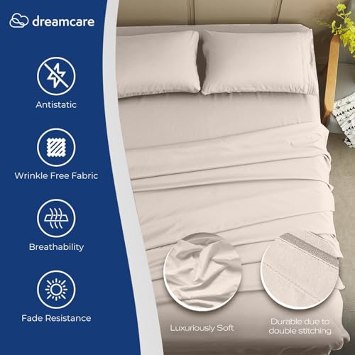 Image of DREAMCARE Full Size Sheets - Cooling Sheets - 4pcs Set - up to 15 inch Deep Pocket Full Sheet Set - Sheets Full Size Bed - Soft & Long Lasting 100% Fine Brushed Polyester with Side Pocket - Beige