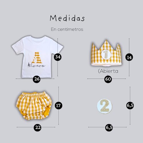 Miniatura 8 de Conjunto Cumpleaños 1 Año Personalizado - Camiseta Con Nombre Bebé - Regalo Primer Cumpleaños - Smash Cake - Corona Cumpleaños Vichy Rosa Mostaza