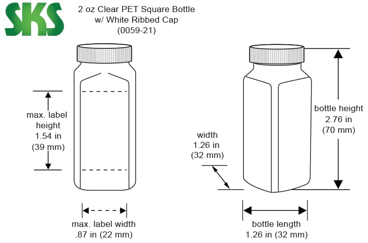 2 oz Plastic Bottles, Clear PET Square Bottles with White Ribbed Caps